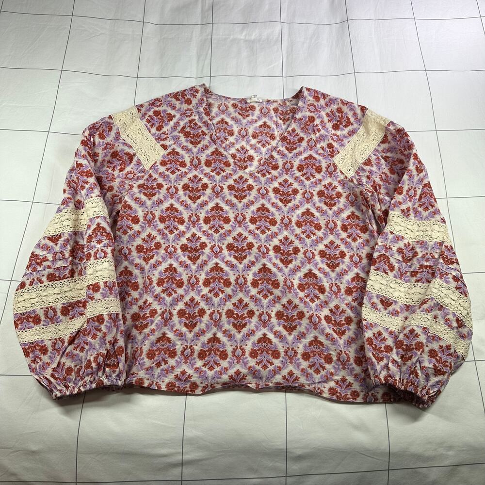 Eze Sur Mer Top Women Medium Purple Cream Floral V Neck Peasant Lace Long Sleeve